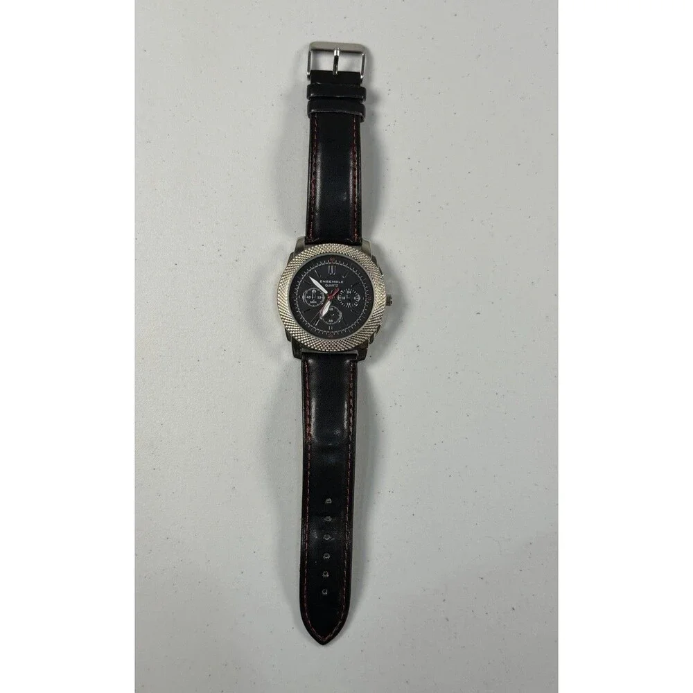Ensemble Quartz Men’s Watch Black Dial Silver Tone 42.7mm Leather Strap Runs